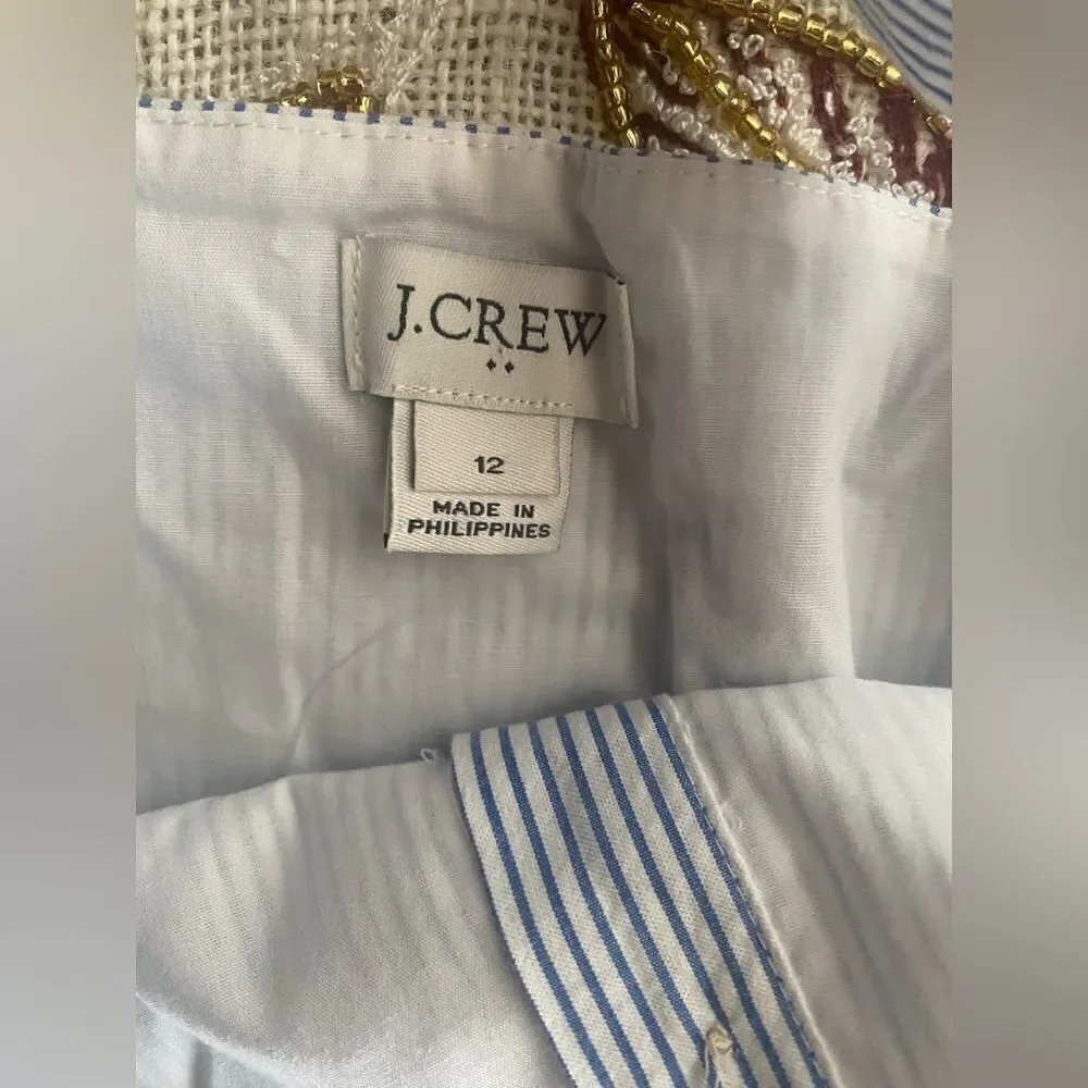 J Crew  Button Front Dress Sz 12  Seersucker Stripe White/Blue Sleeveless NWT